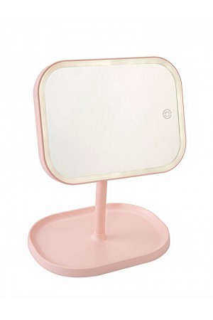 Led Işıklı, USB Girişli, & Dokunmatik ve Organizerli, Makyaj Aynası (Pembe)